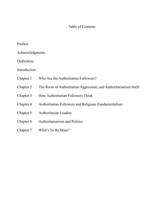 Table of Contents



Preface

Acknowledgments

Dedication

Introduction

Chapter 1      Who Are the Authoritarian Followers?

Chapter 2      The Roots of Authoritarian Aggression, and Authoritarianism Itself

Chapter 3      How Authoritarian Followers Think

Chapter 4      Authoritarian Followers and Religious Fundamentalism

Chapter 5      Authoritarian Leaders

Chapter 6      Authoritarianism and Politics

Chapter 7      What=s To Be Done?
 