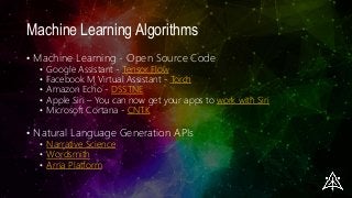 Machine Learning Algorithms
• Machine Learning - Open Source Code
• Google Assistant - Tensor Flow
• Facebook M Virtual Assistant - Torch
• Amazon Echo - DSSTNE
• Apple Siri – You can now get your apps to work with Siri
• Microsoft Cortana - CNTK
• Natural Language Generation APIs
• Narrative Science
• Wordsmith
• Arria Platform
 