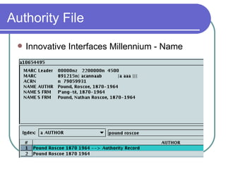 Authority File Innovative Interfaces Millennium - Name 