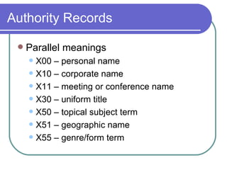 Authority Records Parallel meanings X00 – personal name X10 – corporate name X11 – meeting or conference name X30 – uniform title X50 – topical subject term X51 – geographic name X55 – genre/form term 