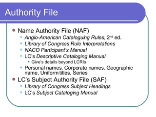 Authority File Name Authority File (NAF) Anglo-American Cataloguing Rules , 2 nd  ed. Library of Congress Rule Interpretations NACO Participant’s Manual LC’s  Descriptive Cataloging Manual Give’s details beyond LCRIs Personal names, Corporate names, Geographic name, Uniform titles, Series LC’s Subject Authority File (SAF) Library of Congress Subject Headings LC’s  Subject Cataloging Manual 