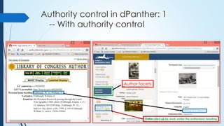 Authority control in dPanther: 1
-- With authority control
Author facets
Collocated all his work under the authorized heading
 