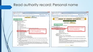 Read authority record: Personal name
Authorized heading coded
in 100 or labeled as
personal name heading
Authorized heading coded
in 100 or labeled as
personal name heading
 