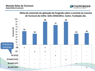 Efeito do momento da aplicação do fungicida sobre o controle da mancha
de Turcicum do milho. Safra 2010/2011, Castro. Fundação abc.
53
43
90
77
90
43 46
0
10
20
30
40
50
60
70
80
90
100
x - x - - - -
- x x - - - -
- - x - - -
- - - - x - -
- - - - - x -
- - - - - - x
Controle(%)
V8
VT
PS (V12)
10 daPS (V15)
20 daPS (VT)
30 daPS (R2)
Primeiros
sintomas
Mancha foliar de Turcicum
Exserohilum turcicum
 