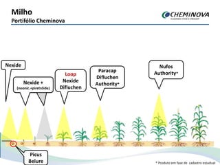 Milho
Portifólio Cheminova
Nufos
Authority*
Paracap
Difluchen
Authority*
Loop
Nexide
Difluchen
Nexide
(neonic.+piretróide)
Nexide +
(neonic.+piretróide)
Nexide
Picus
Belure * Produto em fase de cadastro estadual
 