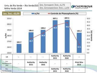 Univ. de Rio Verde – Rio Verde/GO
Milho Verão 2014
165.7
186.0
190.2
207.1 207.5
185.2
20.7
28.8
40.0 44.3
12.1
0.0
5.0
10.0
15.0
20.0
25.0
30.0
35.0
40.0
45.0
50.0
150.0
160.0
170.0
180.0
190.0
200.0
210.0
1 2 3 4 5 6
Controle(%)
sc/há
sc/há Controle de Phaeosphaeria (%)
V8 - - -
Authority
(0,5)
Authority
(0,6)
-
Pré-
Pendoamento
(PP)
-
Authority
(0,5)
Authority
(0,6)
- -
Priori Xtra
(0,3)
Pós-
Pendoamento
- - -
Authority
(0,5)
Authority
(0,6)
-
Sev. Test.: 43,0%
Sev. Ferrugem Test.: 6,7%
Sev. Cercosporiose Test.: 1,6%
 