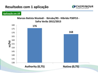 Resultados com 1 aplicação
176
168
130
135
140
145
150
155
160
165
170
175
180
Authority (0,75) Nativo (0,75)
sc/há
Marcos Batista Nicolodi - Ibiruba/RS - Híbrido P30F53 -
Safra Verão 2012/2013
Aplicação em V8
 