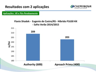 Resultados com 2 aplicações
209
203
180
185
190
195
200
205
210
215
Authority (600) Aproach Prima (400)
sc/há
Flavio Shadek - Eugenio de Castro/RS - Híbrido P1630 HX
- Safra Verão 2014/2015
Aplicações: V8 e Pós-Pendoamento
 