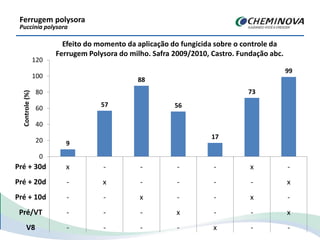 Efeito do momento da aplicação do fungicida sobre o controle da
Ferrugem Polysora do milho. Safra 2009/2010, Castro. Fundação abc.
Pré + 30d
Pré + 20d
Pré + 10d
Pré/VT
V8
Ferrugem polysora
Puccinia polysora
9
57
88
56
17
73
99
0
20
40
60
80
100
120
x - - - - x -
- x - - - - x
- - x - - x -
- - - x - - x
- - - - x - -
Controle(%)
 