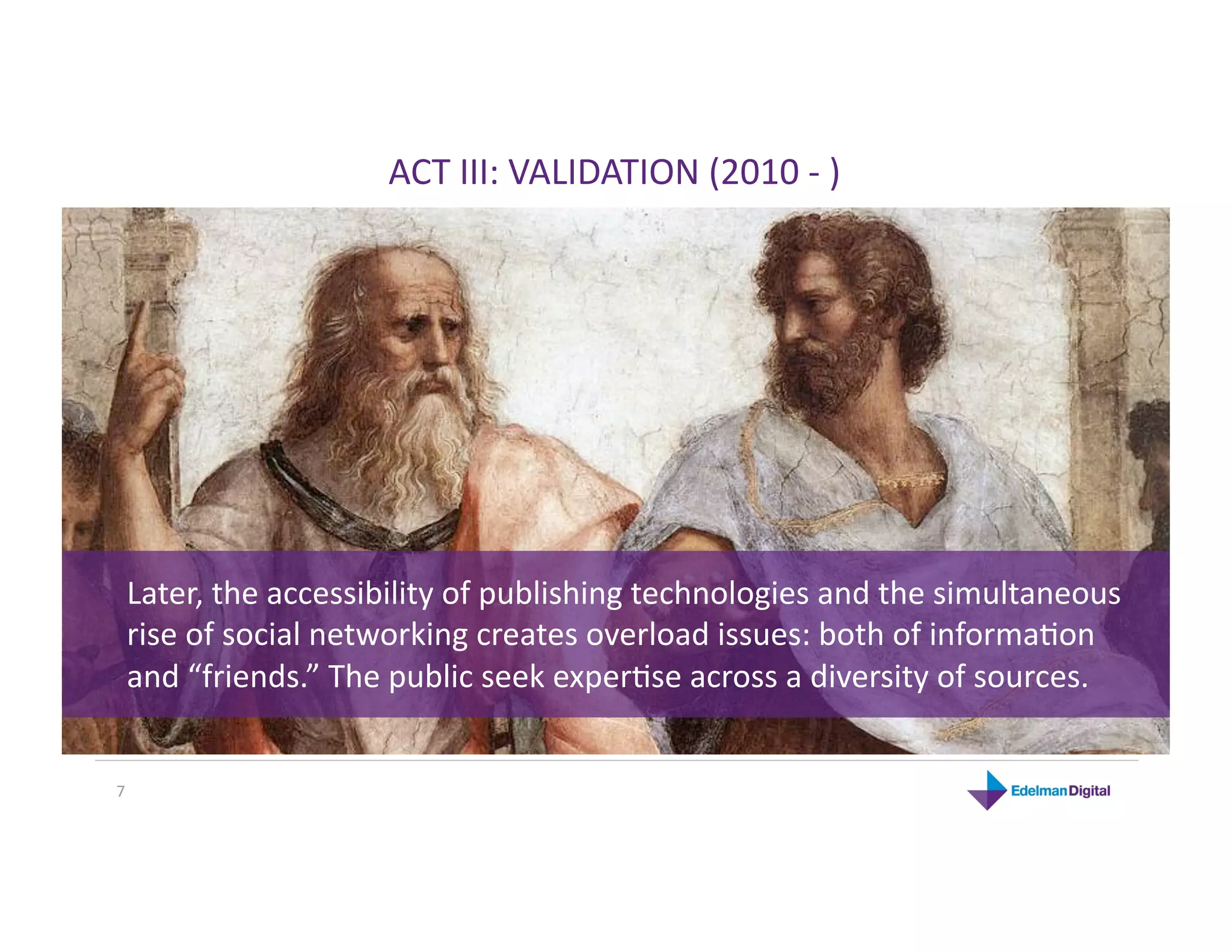 ACT III: VALIDATION (2010 ‐ ) 




 Later, the accessibility of publishing technologies and the simultaneous 
 rise of social networking creates overload issues: both of informaHon 
 and “friends.” The public seek experHse across a diversity of sources. 


7 
 