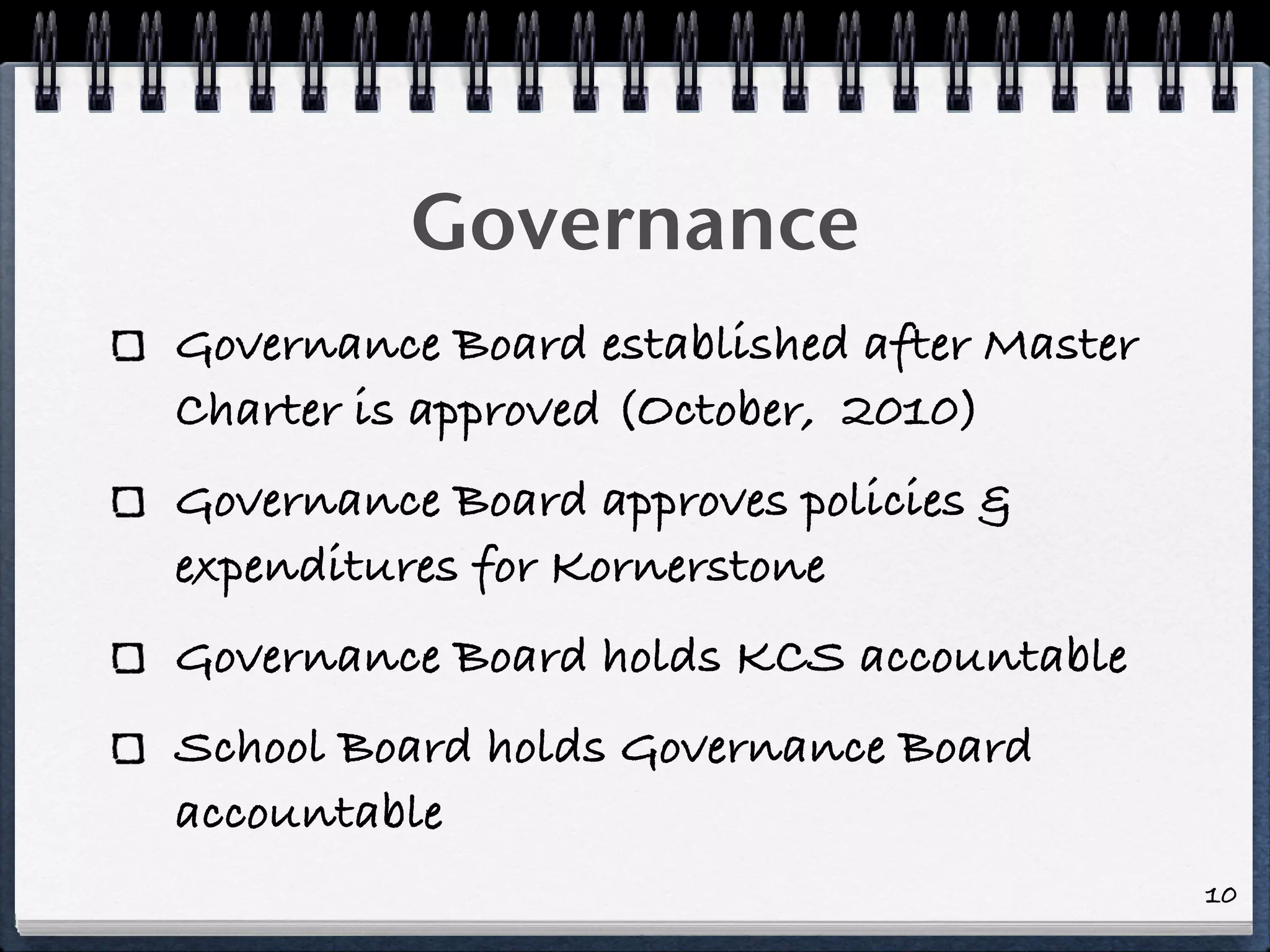 Governance
Governance Board established after Master
Charter is approved (October, 2010)
Governance Board approves policies &
expenditures for Kornerstone
Governance Board holds KCS accountable
School Board holds Governance Board
accountable
                                            10
 