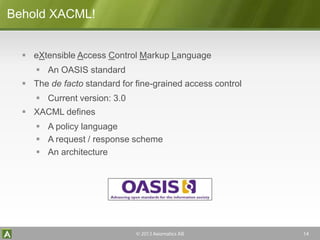 Axiomatics
Behold XACML!
 eXtensible Access Control Markup Language
 An OASIS standard
 The de facto standard for fine-grained access control
 Current version: 3.0
 XACML defines
 A policy language
 A request / response scheme
 An architecture
 