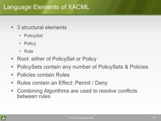  3 structural elements
 PolicySet
 Policy
 Rule
 Root: either of PolicySet or Policy
 PolicySets contain any number of PolicySets & Policies
 Policies contain Rules
 Rules contain an Effect: Permit / Deny
 Combining Algorithms are used to resolve conflicts
between rules
Language Elements of XACML
 