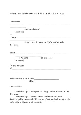 AUTHORIZATION FOR RELEASE OF INFORMATIONI authorize __________.docx