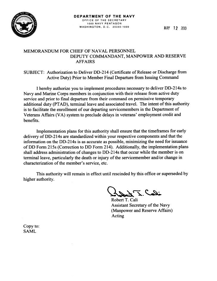 Authorization to deliver dd 214