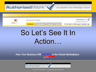 So Let’s See It In
        Action…
How Your Business Will WIN BIG in the Global Marketplace




              Copyright 2008 Total Integration, LLC All Rights Reserved. Patents Pending.
 