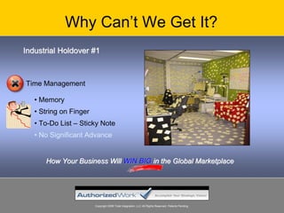 Why Can’t We Get It?
Industrial Holdover #1



Time Management

   • Memory
   • String on Finger
   • To-Do List – Sticky Note
   • No Significant Advance


      How Your Business Will WIN BIG in the Global Marketplace




                        Copyright 2008 Total Integration, LLC All Rights Reserved. Patents Pending.
 