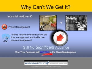 Why Can’t We Get It?
Industrial Holdover #3

                                                                                             +
Project Management


  • Some random combinations of old
  time management and ineffective
  people management


             Still No Significant Advance
      How Your Business Will WIN BIG in the Global Marketplace




                     Copyright 2008 Total Integration, LLC All Rights Reserved. Patents Pending.
 