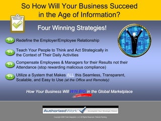 So How Will Your Business Succeed
      in the Age of Information?
           Four Winning Strategies!
Redefine the Employer/Employee Relationship

Teach Your People to Think and Act Strategically in
the Context of Their Daily Activities
Compensate Employees & Managers for their Results not their
Attendance (stop rewarding malicious compliance)
Utilize a System that Makes ALL this Seamless, Transparent,
Scalable, and Easy to Use (at the Office and Remotely)

     How Your Business Will WIN BIG in the Global Marketplace




                    Copyright 2008 Total Integration, LLC All Rights Reserved. Patents Pending.
 