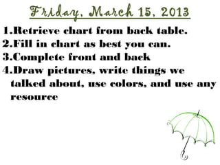 Friday, March 15, 2013
1.Retrieve chart from back table.
2.Fill in chart as best you can.
3.Complete front and back
4.Draw pictures, write things we
 talked about, use colors, and use any
 resource
 