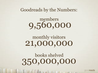 Goodreads by the Numbers:

        members
   9,560,000
     monthly visitors
  21,000,000
      books shelved
350,000,000
 