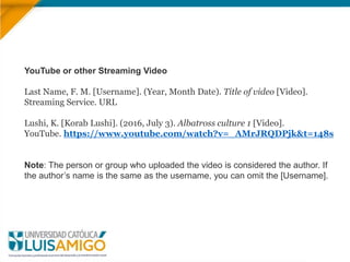 YouTube or other Streaming Video
Last Name, F. M. [Username]. (Year, Month Date). Title of video [Video].
Streaming Service. URL
Lushi, K. [Korab Lushi]. (2016, July 3). Albatross culture 1 [Video].
YouTube. https://www.youtube.com/watch?v=_AMrJRQDPjk&t=148s
Note: The person or group who uploaded the video is considered the author. If
the author’s name is the same as the username, you can omit the [Username].
 