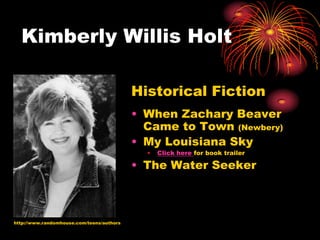 Kimberly Willis Holt

                                           Historical Fiction
                                           • When Zachary Beaver
                                             Came to Town (Newbery)
                                           • My Louisiana Sky
                                             •   Click here for book trailer

                                           • The Water Seeker



http://www.randomhouse.com/teens/authors
 