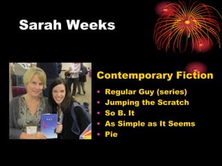 Sarah Weeks


        Contemporary Fiction
        •   Regular Guy (series)
        •   Jumping the Scratch
        •   So B. It
        •   As Simple as It Seems
        •   Pie
 