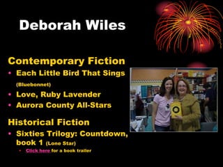 Deborah Wiles

Contemporary Fiction
• Each Little Bird That Sings
  (Bluebonnet)

• Love, Ruby Lavender
• Aurora County All-Stars

Historical Fiction
• Sixties Trilogy: Countdown,
  book 1 (Lone Star)
  •   Click here for a book trailer
 