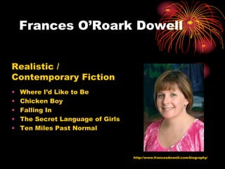 Frances O’Roark Dowell


Realistic /
Contemporary Fiction
•   Where I’d Like to Be
•   Chicken Boy
•   Falling In
•   The Secret Language of Girls
•   Ten Miles Past Normal



                                   http://www.francesdowell.com/biography/
 