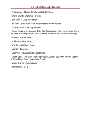 www.BankExamsToday.com
• Shakespeare :- Hamlet, Othello, Macbeth, King Lear
• Sharat Chandra Chatterjee :- Devdas
• Shiv Khera :- Living with Honour
• Sir Arthur Conan Doyle :- The Adventures of Sherlock Holmes
• Sunil Gavaskar :- One Day Wonders
• Swami Vivekananda :- Inspired Talks, The Sleeping Giant, Living at the State, Way of
the Saint, Jnana Yoga, Raja Yoga, My Master, Women of India, Vedanta Philosophy
• Tolstoy :- War and Piece
• V.S Naipoul :- Half a Life
• V.V. Giri :- My life and Times
• Valmiki :- Ramayana
• Veda Vyas :- Bhagwad Gita, Mahabharata
• Vikram Seth :- Two Lives, The Golden Gate, A Suitable Boy, Arion and The Dolphin,
An Equal Music, From Heaven Lake:Travels
• Vishnu Sharma :- Panchatantra
• Yann Martel :- Life of Pi
 