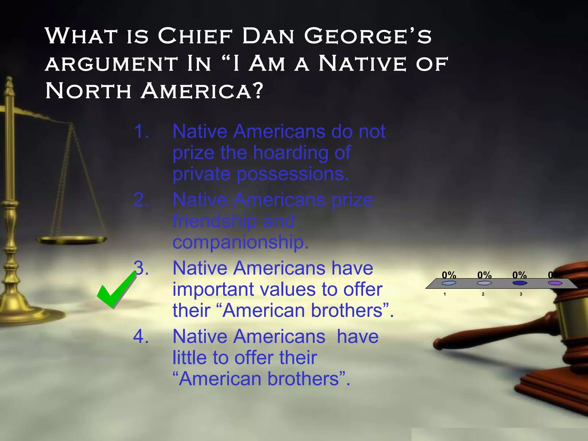 What is Chief Dan George’s
argument In “I Am a Native of
North America?
1.
2.
3.
4.

Native Americans do not
prize the hoarding of
private possessions.
Native Americans prize
friendship and
companionship.
Native Americans have
important values to offer
their “American brothers”.
Native Americans have
little to offer their
“American brothers”.

0%
1

0%
2

0%
3

0%
4

 