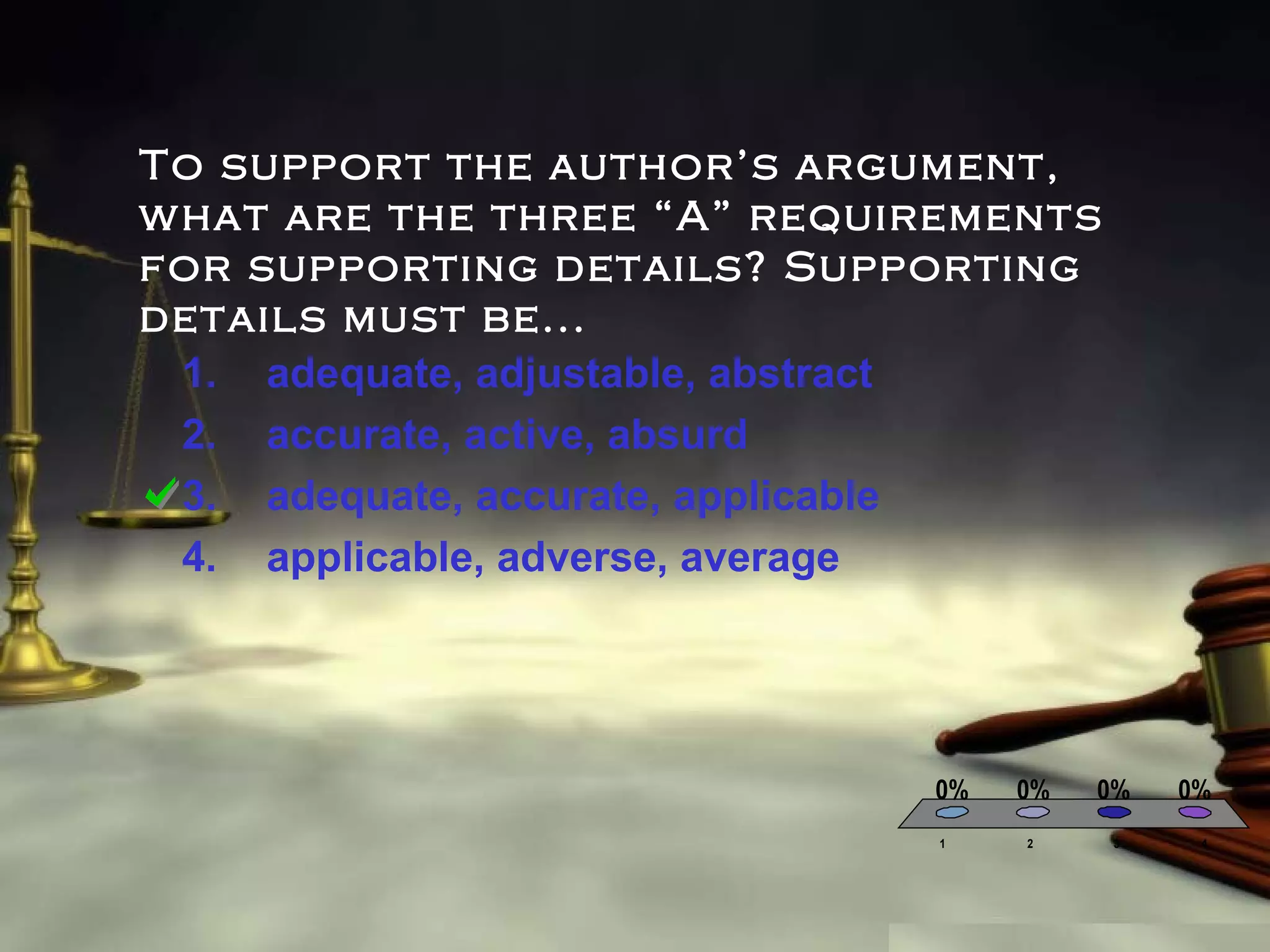 To support the author’s argument,
w hat are the three “A” requirements
for supporting details? Supporting
details must be...
1. adequate, adjustable, abstract
2. accurate, active, absurd
3. adequate, accurate, applicable
4. applicable, adverse, average

0%
1

0%

0%

2

3

0%
4

 