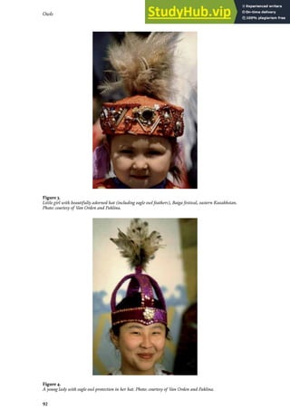 Owls
92
Figure 4.
A young lady with eagle owl protection in her hat. Photo: courtesy of Van Orden and Paklina.
Figure 3.
Little girl with beautifully adorned hat (including eagle owl feathers), Baiga festival, eastern Kazakhstan.
Photo: courtesy of Van Orden and Paklina.
 