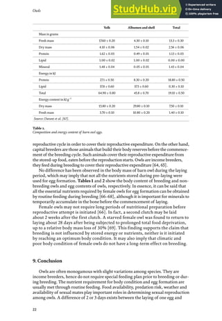 Owls
22
reproductive cycle in order to cover their reproductive expenditure. On the other hand,
capital breeders are those animals that build their body reserves before the commence-
ment of the breeding cycle. Such animals cover their reproductive expenditure from
the stored-up food, eaten before the reproduction starts. Owls are income breeders,
they feed during breeding to cover their reproductive expenditure [64, 65].
No difference has been observed in the body mass of barn owl during the laying
period, which may imply that not all the nutrients stored during pre-laying were
used for egg formation. Tables 1 and 2 show the body content of breeding and non-
breeding owls and egg contents of owls, respectively. In essence, it can be said that
all the essential nutrients required by female owls for egg formation can be obtained
by routine feeding during breeding [66–68], although it is important for minerals to
temporarily accumulate in the bone before the commencement of laying.
Female owls may not require long periods of nutritional preparation before
reproductive attempt is initiated [66]. In fact, a second clutch may be laid
about 2 weeks after the first clutch. A starved female owl was found to return to
laying about 28 days after being subjected to prolonged total food deprivation,
up to a relative body mass loss of 30% [69]. This finding supports the claim that
breeding is not influenced by stored energy or nutrients, neither is it initiated
by reaching an optimum body condition. It may also imply that climatic and
poor body condition of female owls do not have a long-term effect on breeding.
9. Conclusion
Owls are often monogamous with slight variations among species. They are
income breeders, hence do not require special feeding plan prior to breeding or dur-
ing breeding. The nutrient requirement for body condition and egg formation are
usually met through routine feeding. Food availability, predation risk, weather and
availability of sexual mates play important roles in determining sexual reproduction
among owls. A difference of 2 or 3 days exists between the laying of one egg and
Yolk Albumen and shell Total
Mass in grams
Fresh mass 17.60 ± 0.20 4.30 ± 0.10 13.3 ± 0.30
Dry mass 4.10 ± 0.06 1.54 ± 0.02 2.56 ± 0.06
Protein 1.62 ± 0.03 0.49 ± 0.01 1.13 ± 0.03
Lipid 1.00 ± 0.02 1.00 ± 0.02 0.00 ± 0.00
Mineral 1.48 ± 0.04 0.05 ± 0.01 1.43 ± 0.04
Energy in kJ
Protein 27.1 ± 0.50 8.30 ± 0.20 18.80 ± 0.50
Lipid 37.8 ± 0.60 37.5 ± 0.60 0.30 ± 0.10
Total 64.90 ± 0.80 45.8 ± 0.70 19.10 ± 0.50
Energy content in kJ g−1
Dry mass 15.80 ± 0.20 29.80 ± 0.10 7.50 ± 0.10
Fresh mass 3.70 ± 0.10 10.80 ± 0.20 1.40 ± 0.10
Source: Durant et al. [67].
Table 2.
Composition and energy content of barn owl eggs.
 