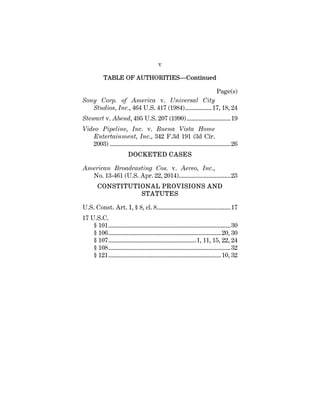 v
TABLE OF AUTHORITIES—Continued
Page(s)
Sony Corp. of America v. Universal City
Studios, Inc., 464 U.S. 417 (1984).................17, 18, 24
Stewart v. Abend, 495 U.S. 207 (1990)............................19
Video Pipeline, Inc. v. Buena Vista Home
Entertainment, Inc., 342 F.3d 191 (3d Cir.
2003) .............................................................................26
DOCKETED CASES
American Broadcasting Cos. v. Aereo, Inc.,
No. 13-461 (U.S. Apr. 22, 2014).................................23
CONSTITUTIONAL PROVISIONS AND
STATUTES
U.S. Const. Art. I, § 8, cl. 8...............................................17
17 U.S.C.
§ 101..............................................................................30
§ 106........................................................................20, 30
§ 107........................................................1, 11, 15, 22, 24
§ 108..............................................................................32
§ 121........................................................................10, 32
 