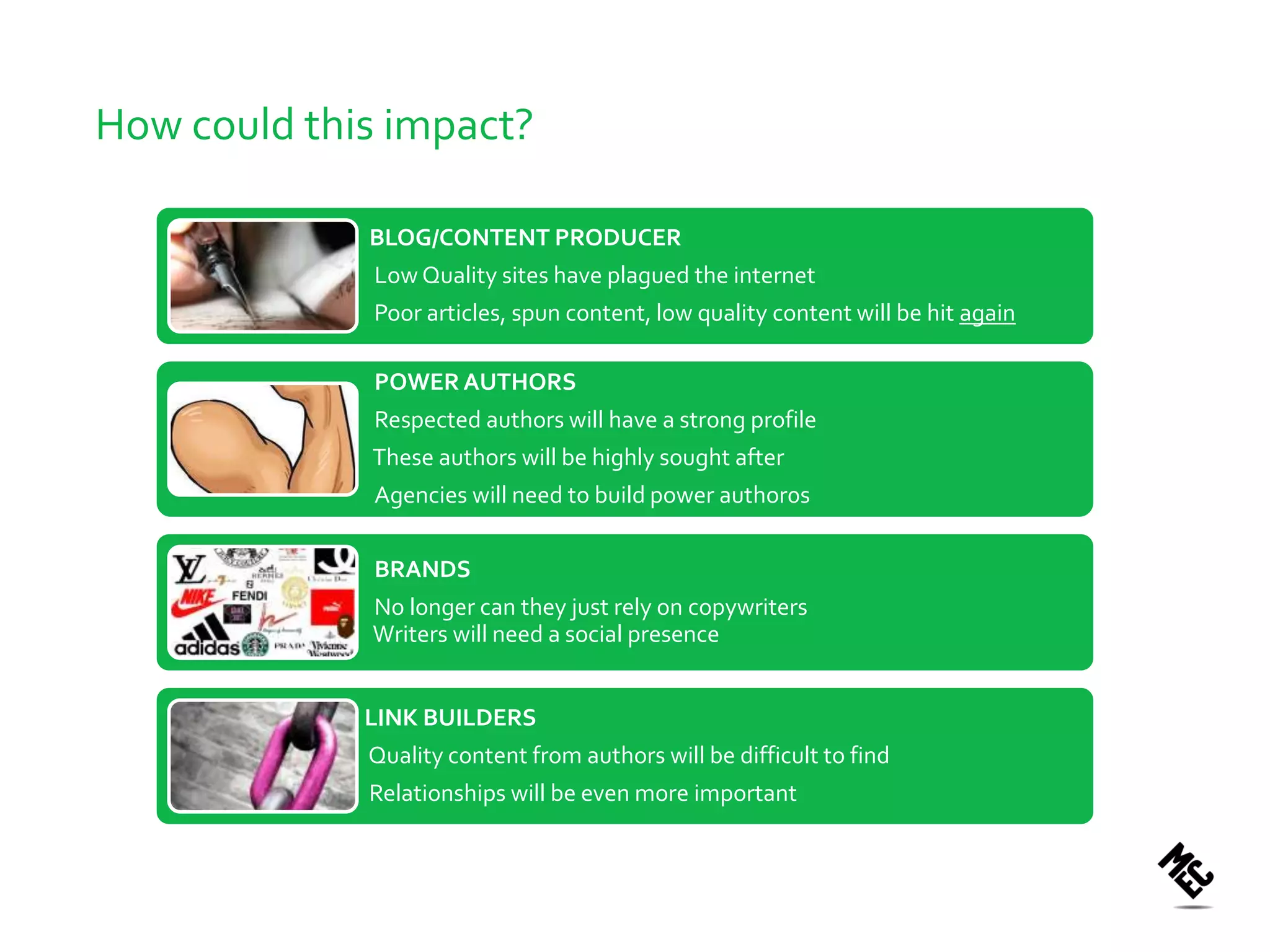 How could this impact?

             BLOG/CONTENT PRODUCER
             Low Quality sites have plagued the internet
             Poor articles, spun content, low quality content will be hit again

             POWER AUTHORS
             Respected authors will have a strong profile
             These authors will be highly sought after
             Agencies will need to build power author0s


             BRANDS
             No longer can they just rely on copywriters
             Writers will need a social presence


             LINK BUILDERS
             Quality content from authors will be difficult to find
             Relationships will be even more important
 