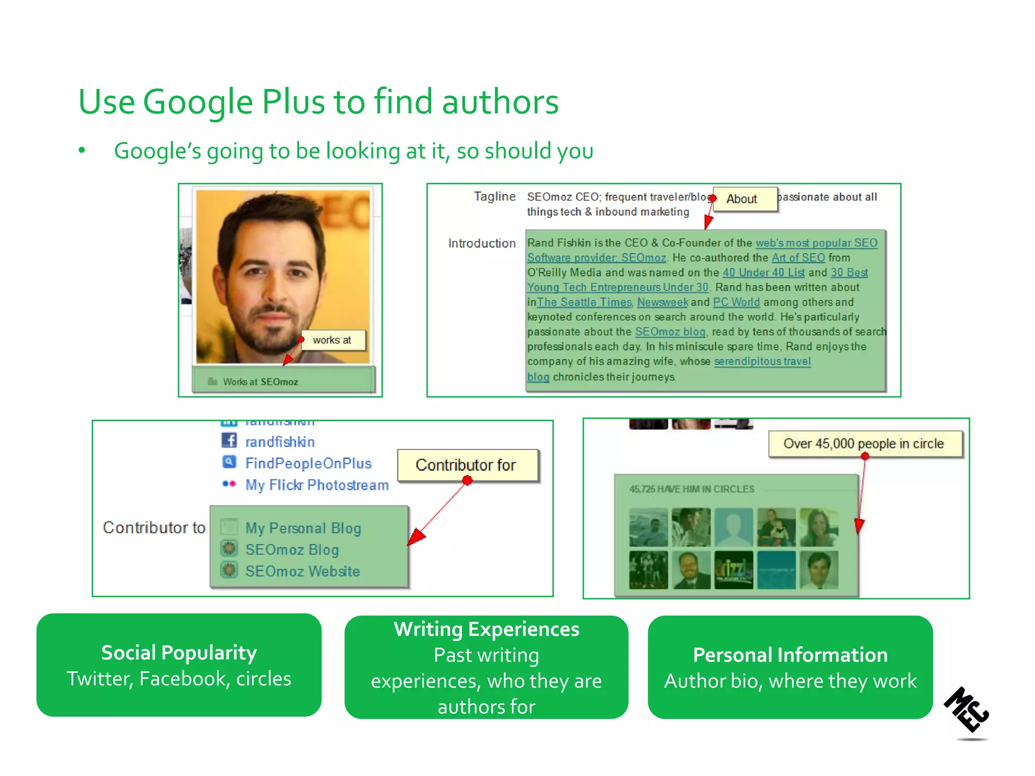 Use Google Plus to find authors
 •   Google’s going to be looking at it, so should you




                                 Writing Experiences
   Social Popularity                  Past writing            Personal Information
Twitter, Facebook, circles     experiences, who they are   Author bio, where they work
                                      authors for
 