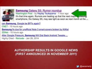 AUTHORSHIP RESULTS IN GOOGLE NEWS
(FIRST ANNOUNCED IN NOVEMBER 2011)

@seosmarty

 