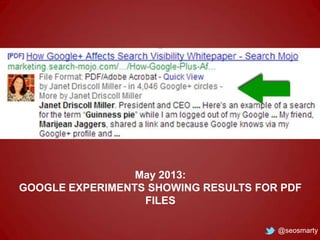 May 2013:
GOOGLE EXPERIMENTS SHOWING RESULTS FOR PDF
FILES
@seosmarty

 
