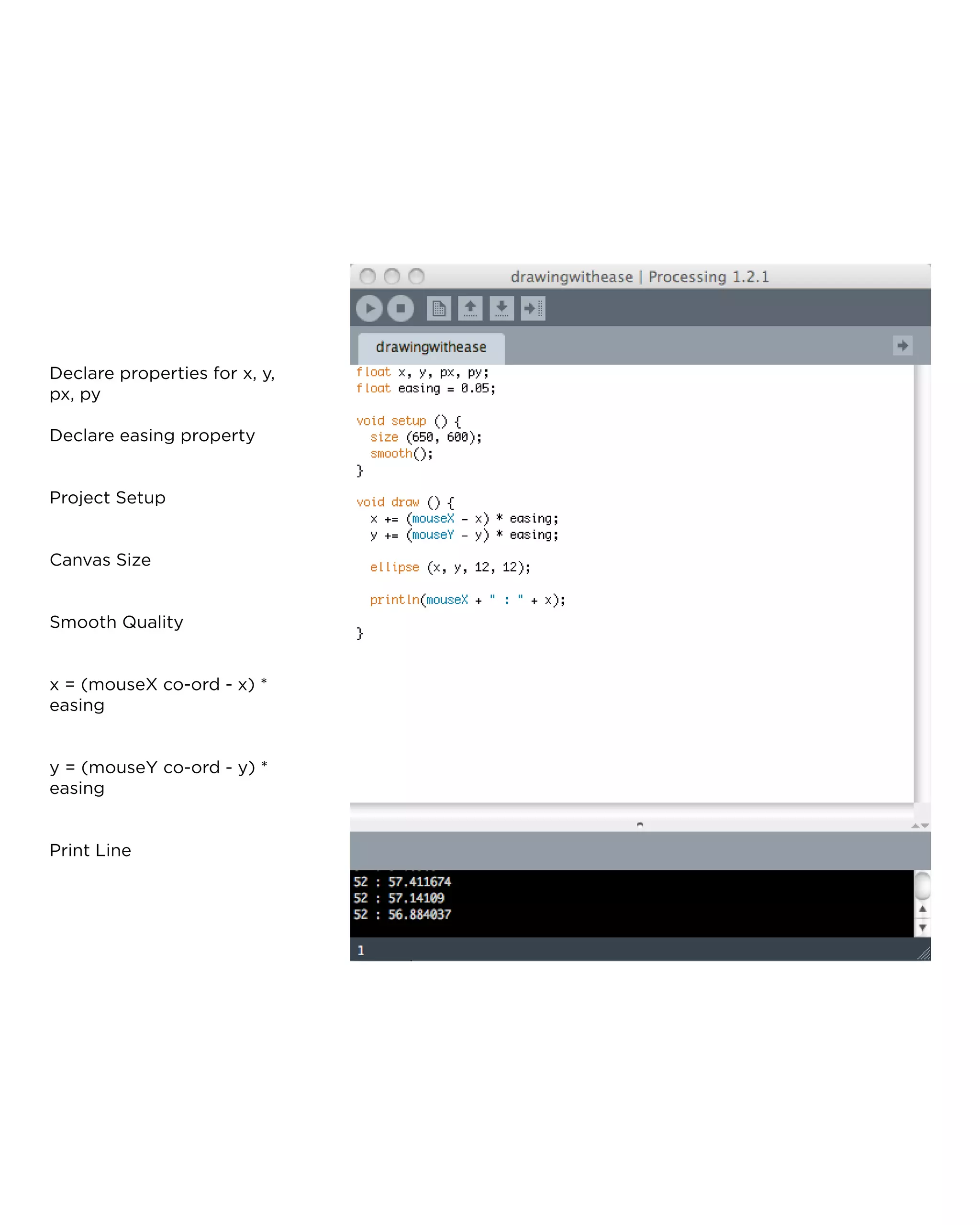 Declare properties for x, y, px, py 
Declare easing property 
Project Setup 
Canvas Size 
Smooth Quality 
x = (mouseX co-ord - x) * easing 
y = (mouseY co-ord - y) * easing 
Print Line  