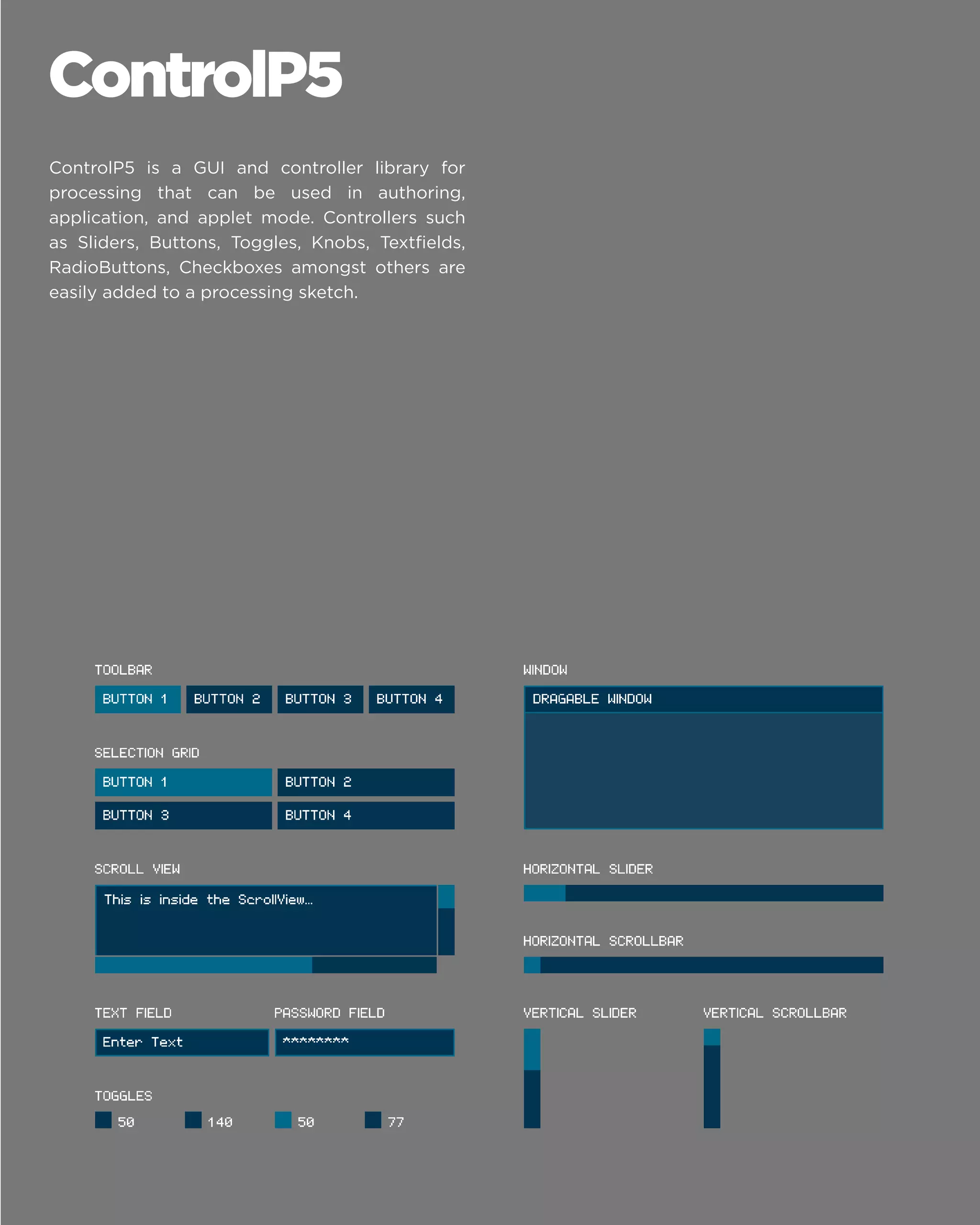 ControlP5 
ControlP5 is a GUI and controller library for processing that can be used in authoring, application, and applet mode. Controllers such as Sliders, Buttons, Toggles, Knobs, Textfields, RadioButtons, Checkboxes amongst others are easily added to a processing sketch.  
