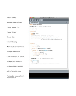 Import Library 
Declare movie capture 
Integer ‘space’ = 13 
Project Setup 
Canvas Size 
Smooth Quality 
Movie capture information 
Background = white 
Circle sizes with int space 
Stroke colour = random 
Stroke weight = random 
Add a frame to movie 
If space bar pressed finish movie capture  