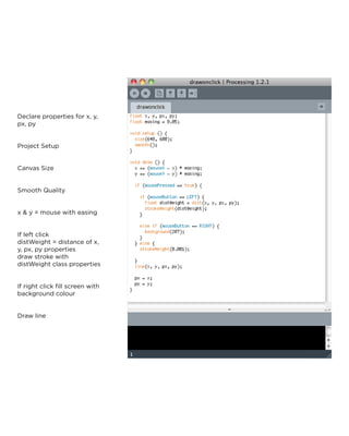 Declare properties for x, y, px, py 
Project Setup 
Canvas Size 
Smooth Quality 
x & y = mouse with easing 
If left click 
distWeight = distance of x, y, px, py properties 
draw stroke with distWeight class properties 
If right click fill screen with background colour 
Draw line  