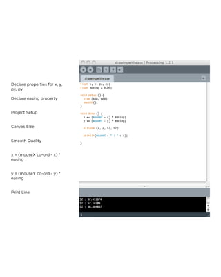 Declare properties for x, y, px, py 
Declare easing property 
Project Setup 
Canvas Size 
Smooth Quality 
x = (mouseX co-ord - x) * easing 
y = (mouseY co-ord - y) * easing 
Print Line  
