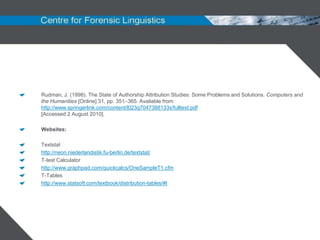 Rudman, J. (1998). The State of Authorship Attribution Studies: Some Problems and Solutions. Computers and
the Humanities [Online] 31, pp. 351–365. Available from:
http://www.springerlink.com/content/l023q7047388133x/fulltext.pdf
[Accessed 2 August 2010].

Websites:

Textstat
http://neon.niederlandistik.fu-berlin.de/textstat/
T-test Calculator
http://www.graphpad.com/quickcalcs/OneSampleT1.cfm
T-Tables
http://www.statsoft.com/textbook/distribution-tables/#t
 