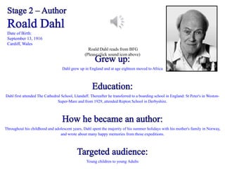 Dahl grew up in England and at age eighteen moved to Africa 
Dahl first attended The Cathedral School, Llandaff. Thereafter he transferred to a boarding school in England: St Peter's in Weston- 
Super-Mare and from 1929, attended Repton School in Derbyshire. 
Throughout his childhood and adolescent years, Dahl spent the majority of his summer holidays with his mother's family in Norway, 
and wrote about many happy memories from those expeditions. 
Young children to young Adults 
Date of Birth: 
September 13, 1916 
Cardiff, Wales 
Roald Dahl reads from BFG 
(Please click sound icon above) 
 