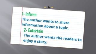 1- Inform
The author wants to share
information about a topic.
2- Entertain
The author wants the readers to
enjoy a story.
 