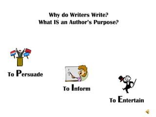 Why do Writers Write?
         What IS an Author’s Purpose?




To Persuade

                 To Inform
                                 To Entertain
 