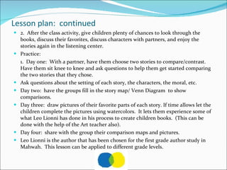 Lesson plan:  continued  2.  After the class activity, give children plenty of chances to look through the books, discuss their favorites, discuss characters with partners, and enjoy the stories again in the listening center. Practice: 1.  Day one:  With a partner, have them choose two stories to compare/contrast. Have them sit knee to knee and ask questions to help them get started comparing the two stories that they chose.  Ask questions about the setting of each story, the characters, the moral, etc.  Day two:  have the groups fill in the story map/ Venn Diagram  to show comparisons. Day three:  draw pictures of their favorite parts of each story. If time allows let the children complete the pictures using watercolors.  It lets them experience some of what Leo Lionni has done in his process to create children books.  (This can be done with the help of the Art teacher also).  Day four:  share with the group their comparison maps and pictures.  Leo Lionni is the author that has been chosen for the first grade author study in Mahwah.  This lesson can be applied to different grade levels.  
